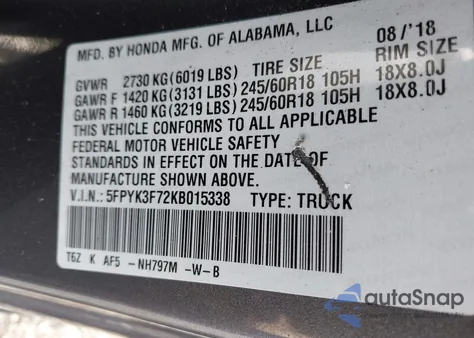 2019 Honda Ridgeline Rtl-E z USA, uszkodzony, nr VIN 5FPYK3F72KB015338